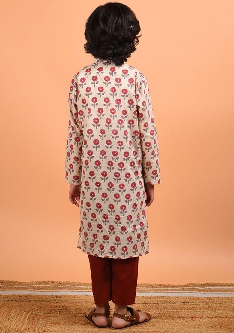 Beige Printed Cotton Kurta Set For Boys - Indya