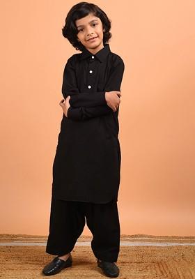 Black Embroidered Cotton Kurta Set For Boys