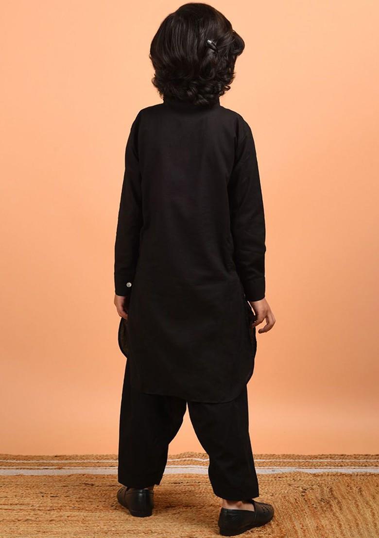 Black Embroidered Cotton Kurta Set For Boys - Indya