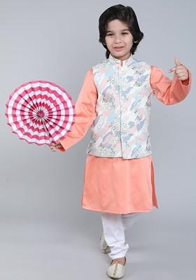 Peach Solid Cotton Kurta Set For Boys