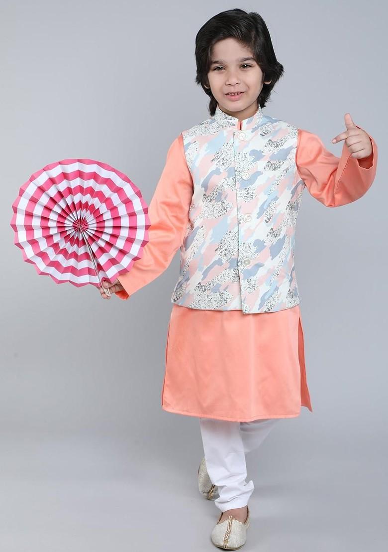 Peach Solid Cotton Kurta Set For Boys - Indya