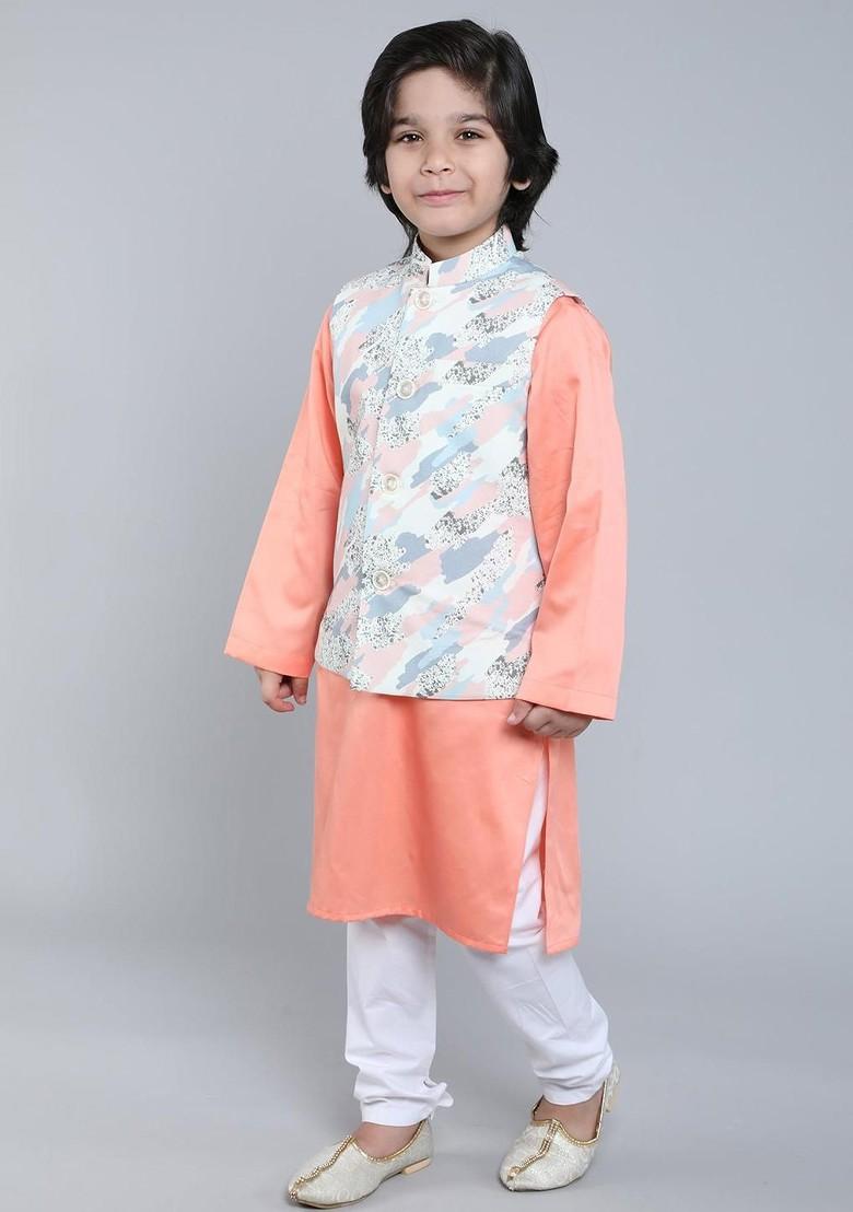 Peach Solid Cotton Kurta Set For Boys - Indya