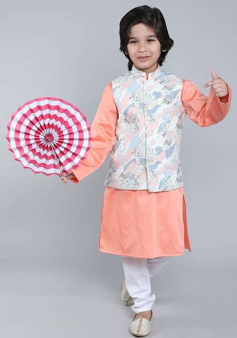 Peach Solid Cotton Kurta Set For Boys
