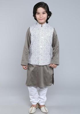 Taupe Embroidered Cotton Nehru Jacket Set For Boys