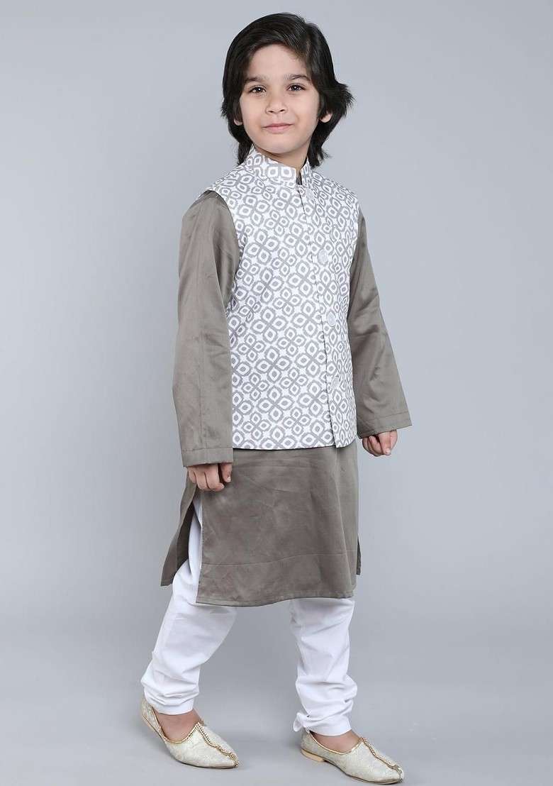 Taupe Embroidered Cotton Nehru Jacket Set For Boys - Indya