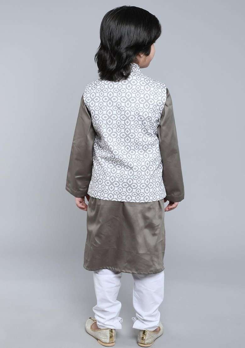 Taupe Embroidered Cotton Nehru Jacket Set For Boys - Indya