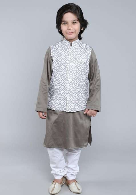 Taupe Embroidered Cotton Nehru Jacket Set For Boys