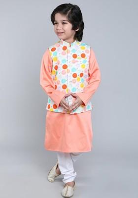 Peach Embroidered Cotton Nehru Jacket Set For Boys
