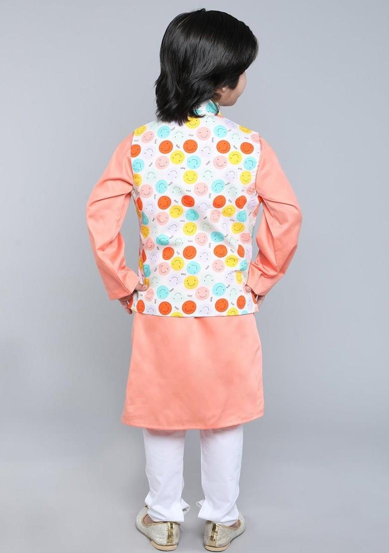 Peach Embroidered Cotton Nehru Jacket Set For Boys - Indya