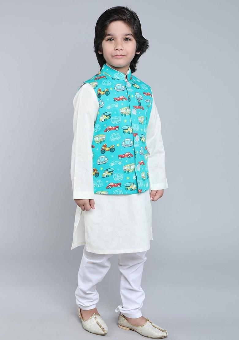 White Embroidered Cotton Nehru Jacket Set For Boys - Indya