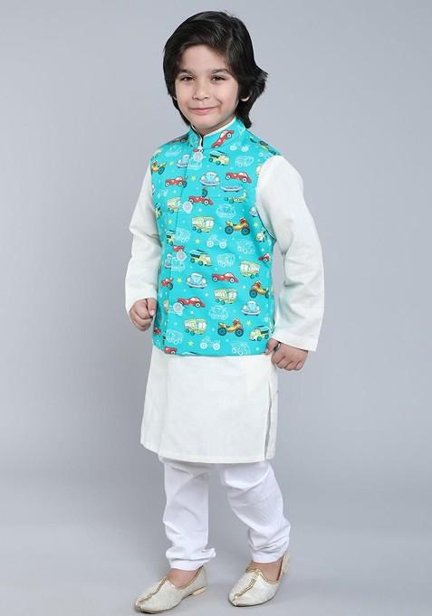 White Embroidered Cotton Nehru Jacket Set For Boys