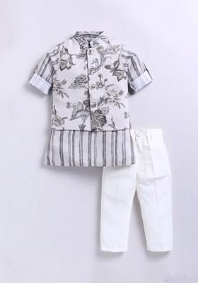 Grey Printed Blended Nehru Jacket Set For Boys