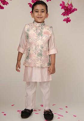 Peach Solid Blended Nehru Jacket Set For Boys