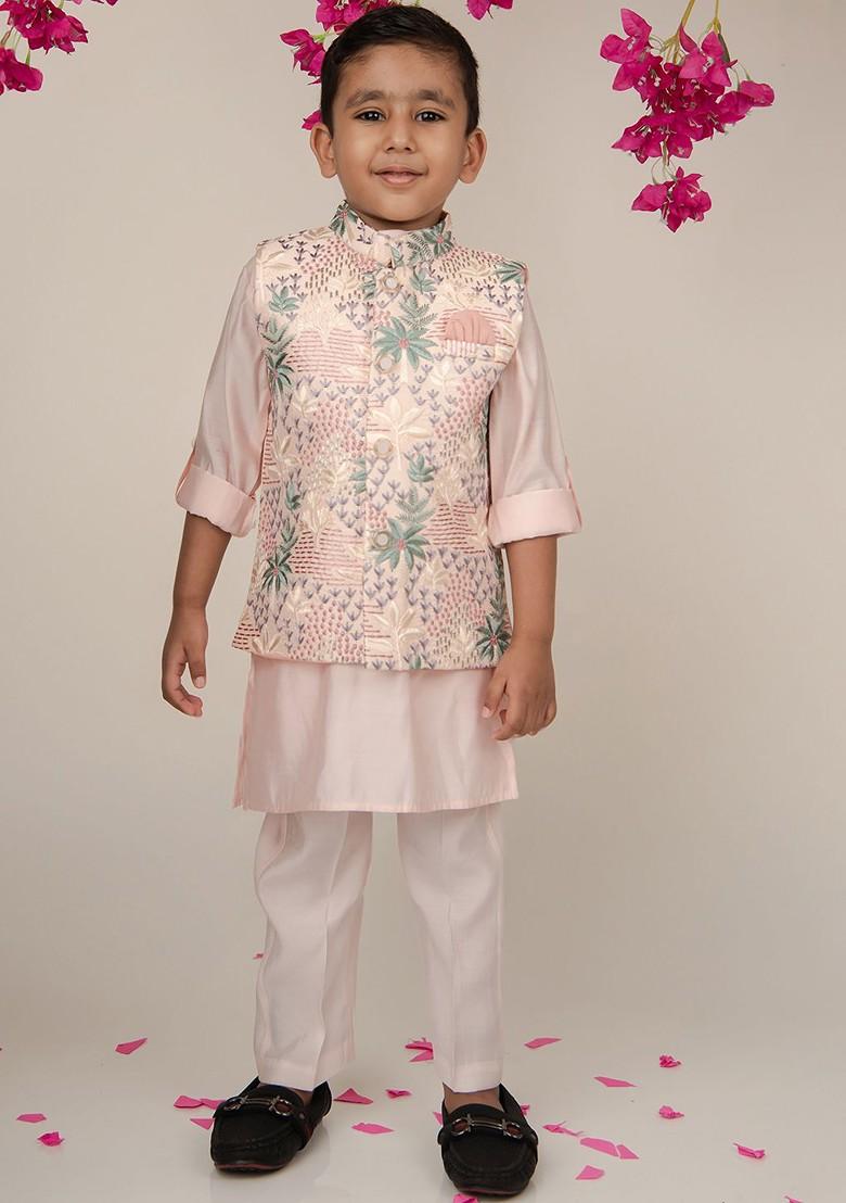 Peach Solid Blended Nehru Jacket Set For Boys - Indya