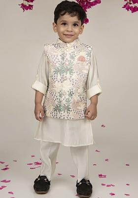 Cream Solid Blended Nehru Jacket Set For Boys