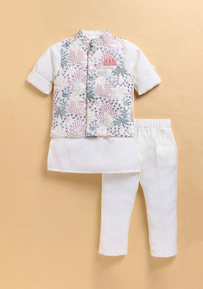 Cream Solid Blended Nehru Jacket Set For Boys - Indya