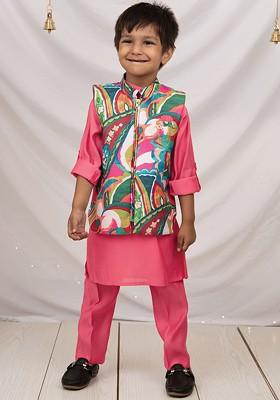 Pink Solid Blended Nehru Jacket Set For Boys