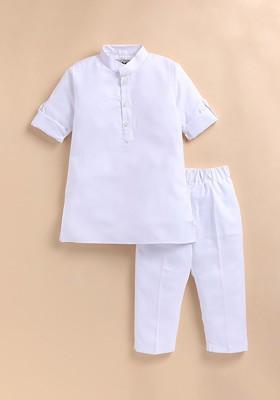 White Embroidered Blended Kurta Set For Boys