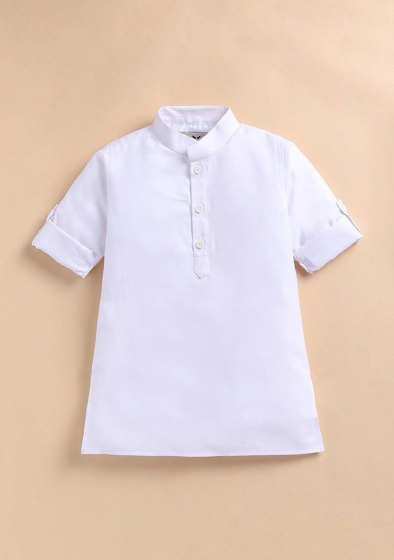 White Embroidered Blended Kurta Set For Boys - Indya