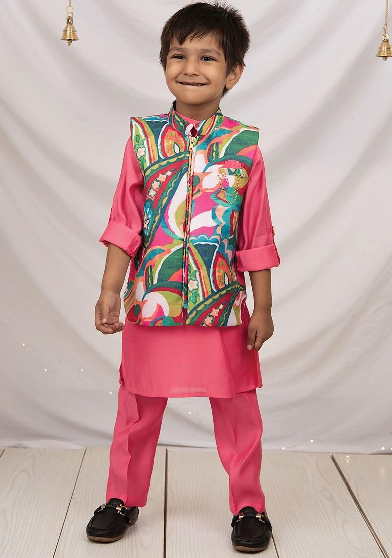 Pink Printed Blended Kurta Set For Boys - Indya