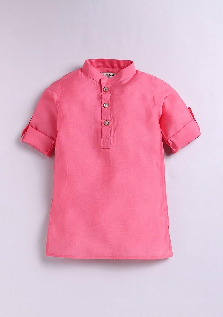 Pink Printed Blended Kurta Set For Boys - Indya