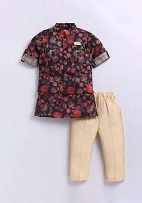 Purple Printed Silk Kurta Set For Boys