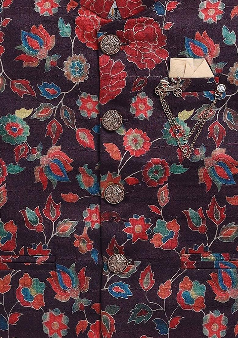 Purple Printed Silk Kurta Set For Boys - Indya