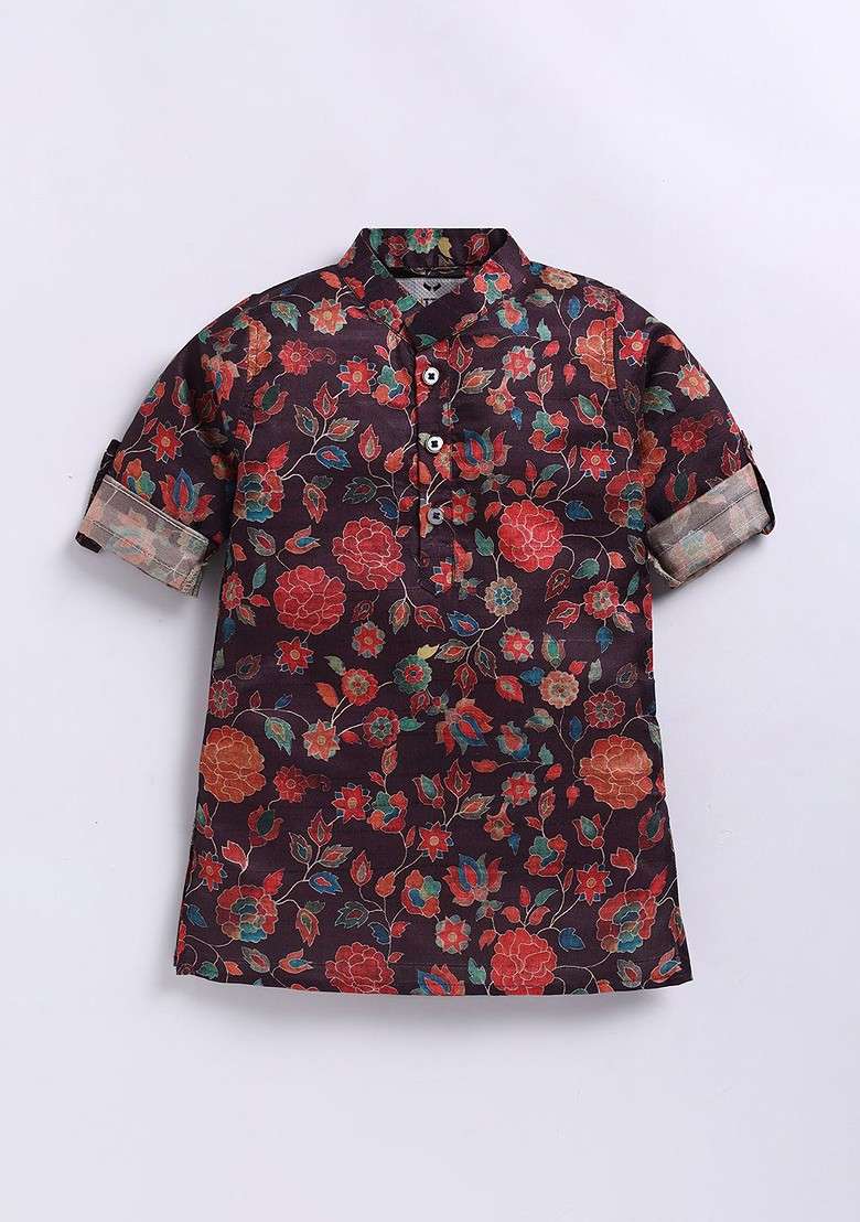 Brown Printed Silk Nehru Jacket Set For Boys - Indya