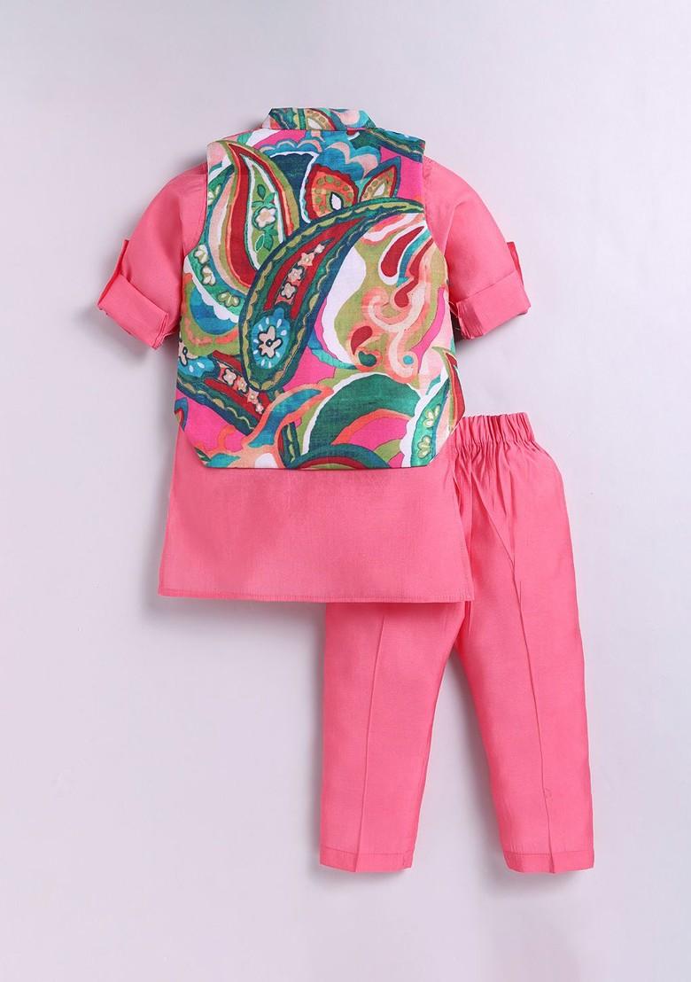 Pink Embroidered Blended Kurta Set For Boys - Indya
