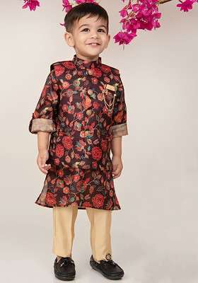 Purple Printed Silk Kurta Set For Boys