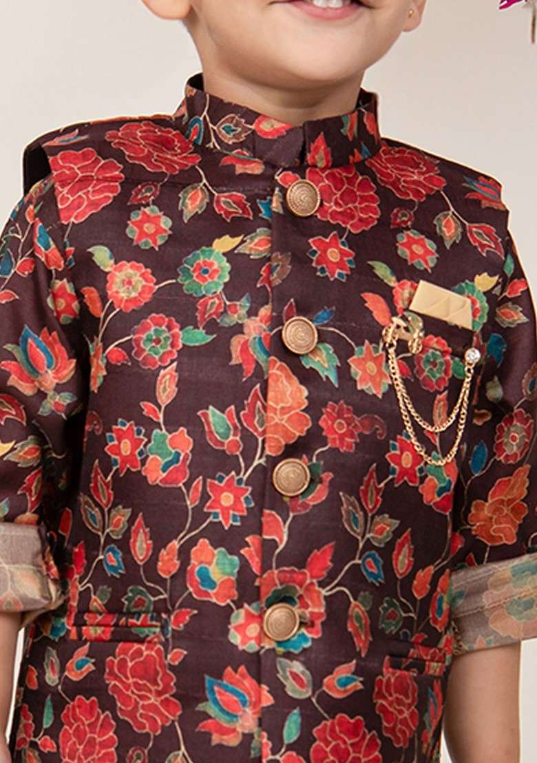 Purple Printed Silk Kurta Set For Boys - Indya