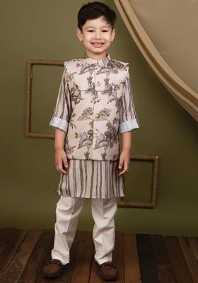 Grey Printed Blended Nehru Jacket Set For Boys