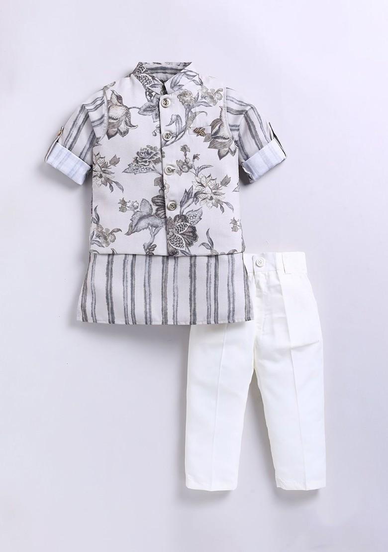 Grey Printed Blended Nehru Jacket Set For Boys - Indya