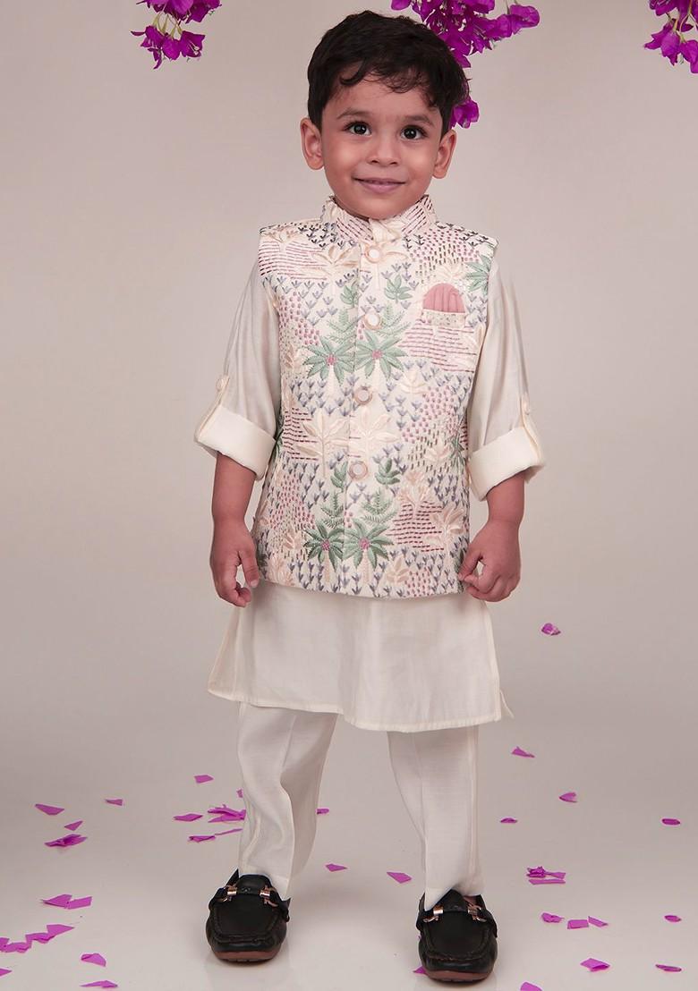Cream Printed Blended Kurta Set For Boys - Indya