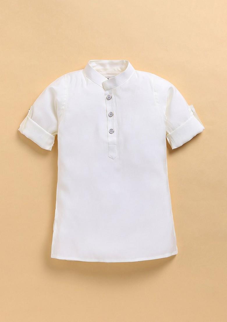 Cream Printed Blended Kurta Set For Boys - Indya