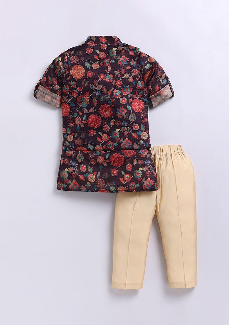 Brown Printed Silk Nehru Jacket Set For Boys - Indya