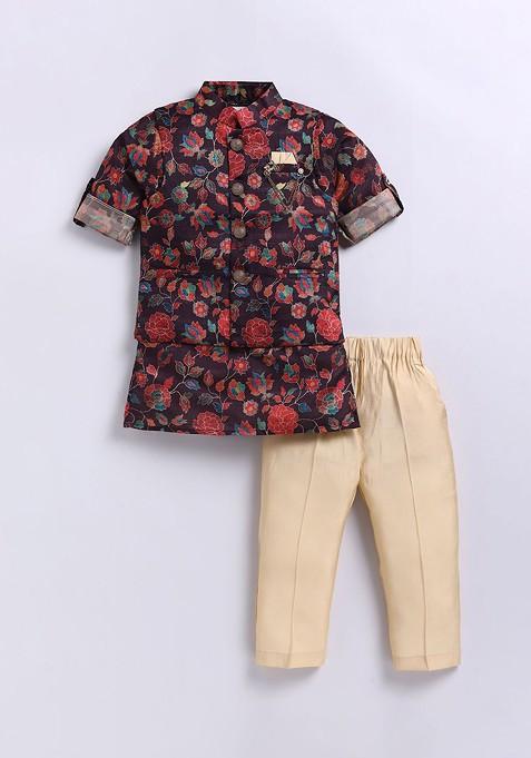 Brown Printed Silk Nehru Jacket Set For Boys — view on Indya