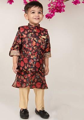 Purple Printed Silk Kurta Set For Boys
