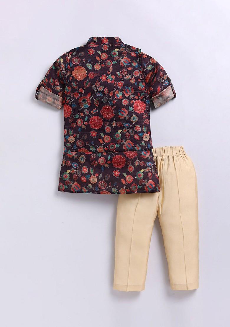 Purple Printed Silk Kurta Set For Boys - Indya