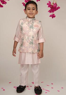 Pink Printed Blended Nehru Jacket Set For Boys