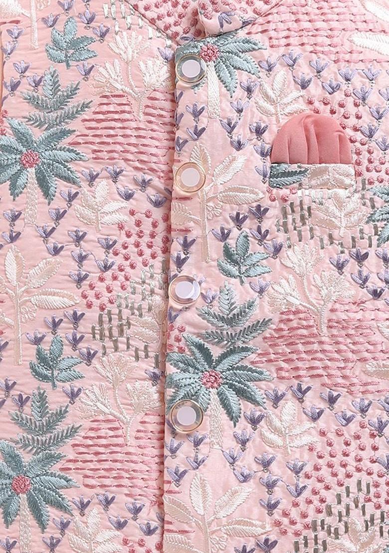 Pink Printed Blended Nehru Jacket Set For Boys - Indya