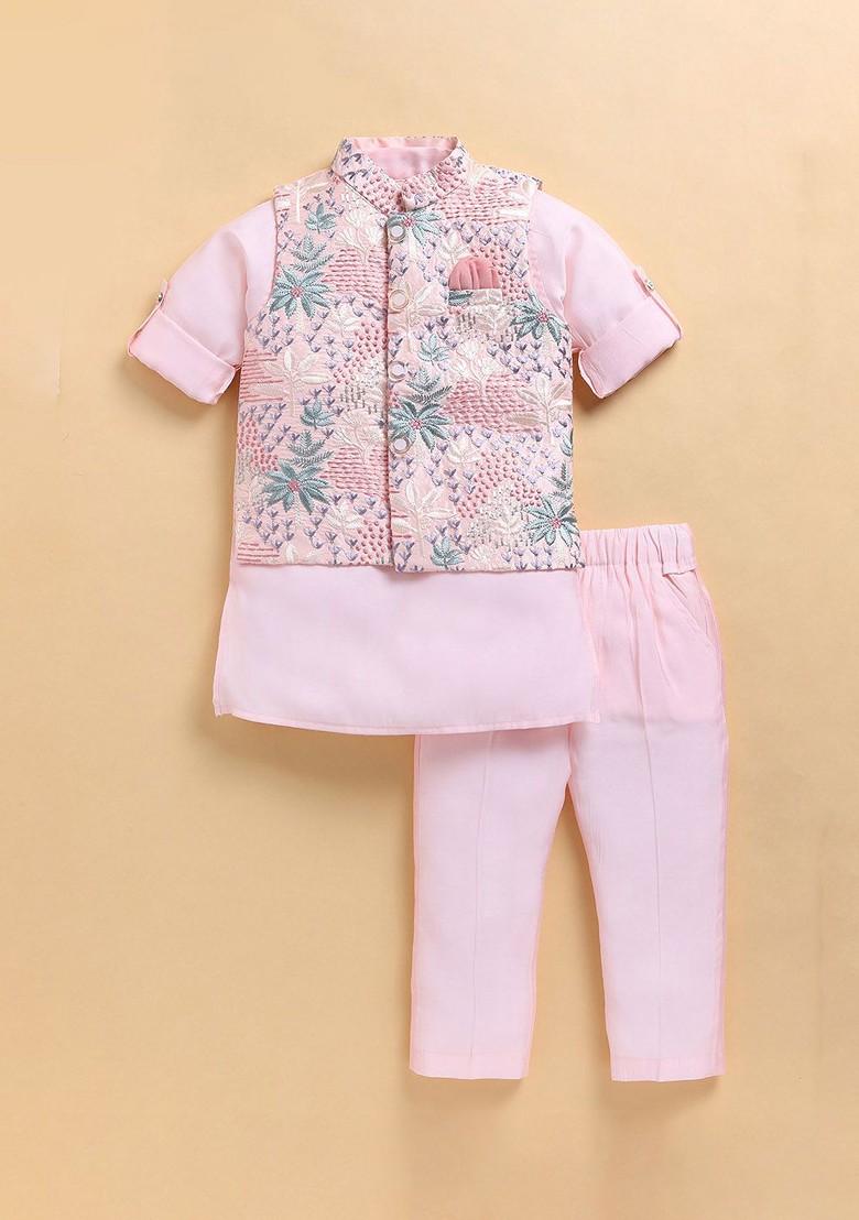 Pink Printed Blended Nehru Jacket Set For Boys - Indya