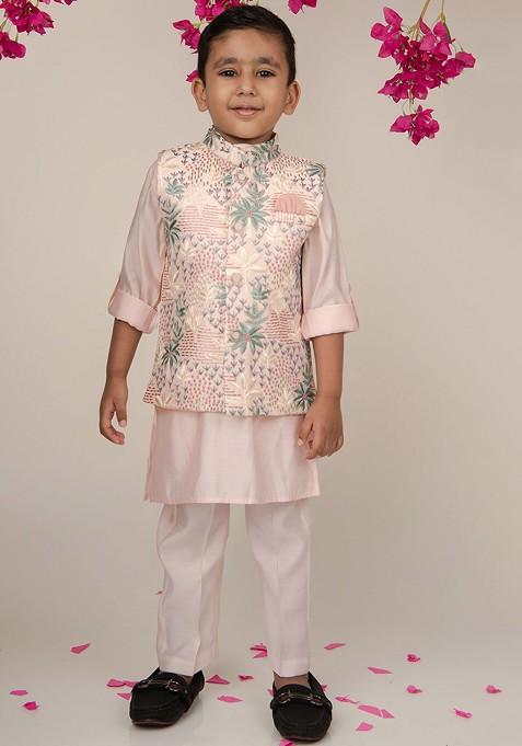 Pink Printed Blended Nehru Jacket Set For Boys