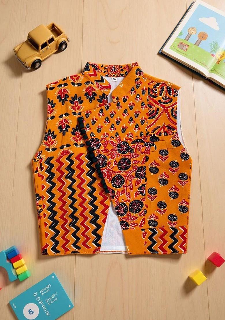 Green Printed Cotton Kurta Set For Boys - Indya