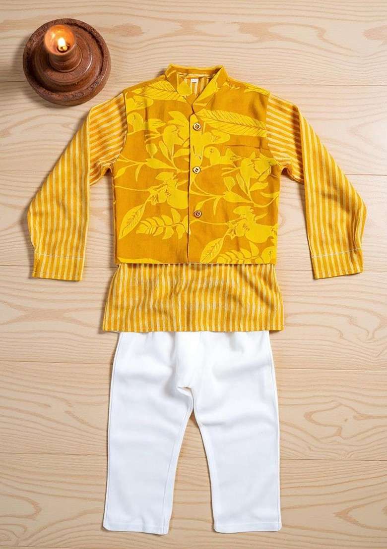 Yellow Striped Cotton Nehru Jacket Set For Boys - Indya