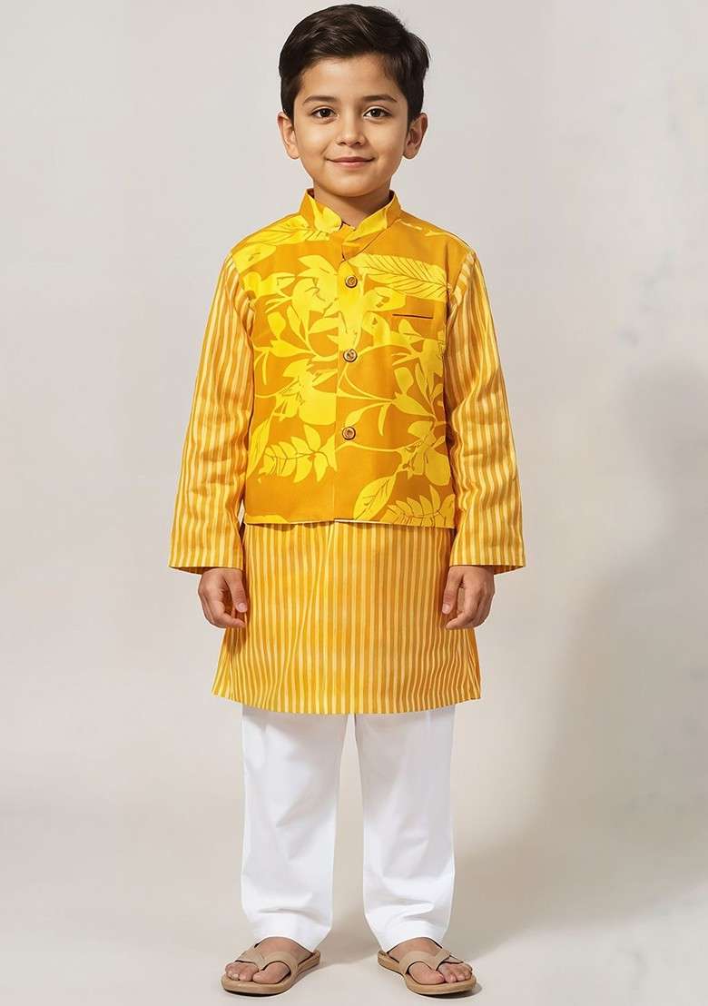 Yellow Striped Cotton Nehru Jacket Set For Boys - Indya