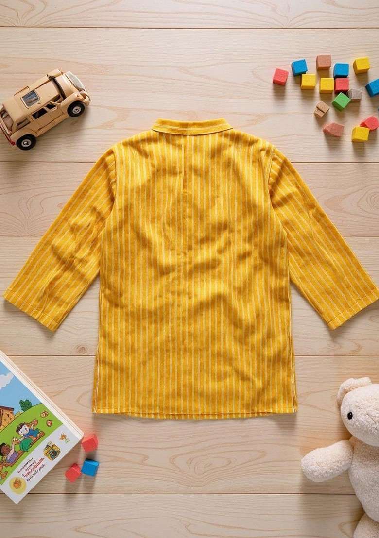 Yellow Striped Cotton Nehru Jacket Set For Boys - Indya