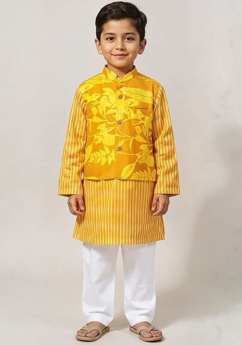 Yellow Striped Cotton Nehru Jacket Set For Boys