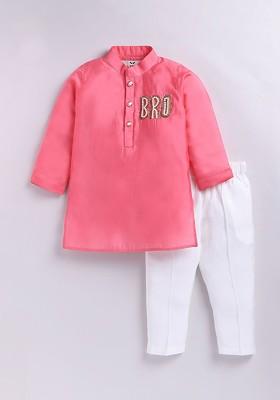 Pink Embroidered Silk Kurta Set For Boys
