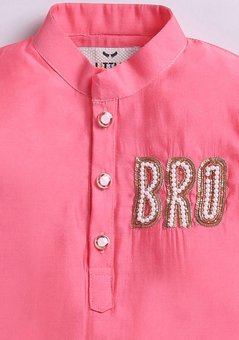 Pink Embroidered Silk Kurta Set For Boys - Indya